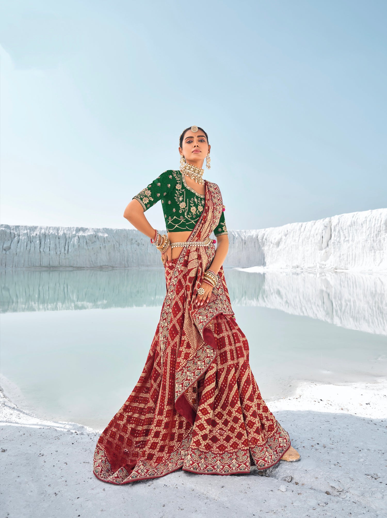 Maroon Bandhani Patola Saree with Zari Weaving &amp; Dual Blouses