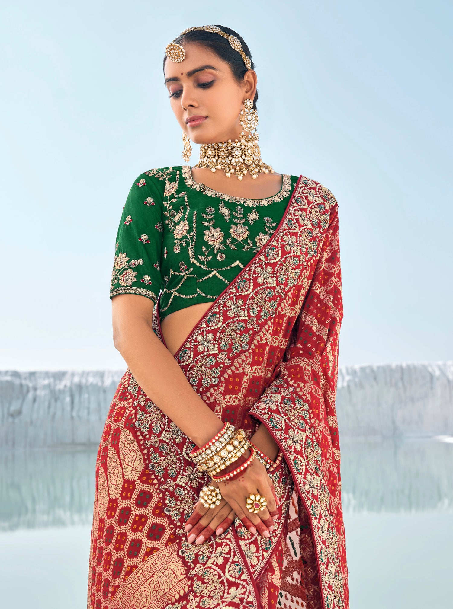 Maroon Bandhani Patola Saree with Zari Weaving &amp; Dual Blouses