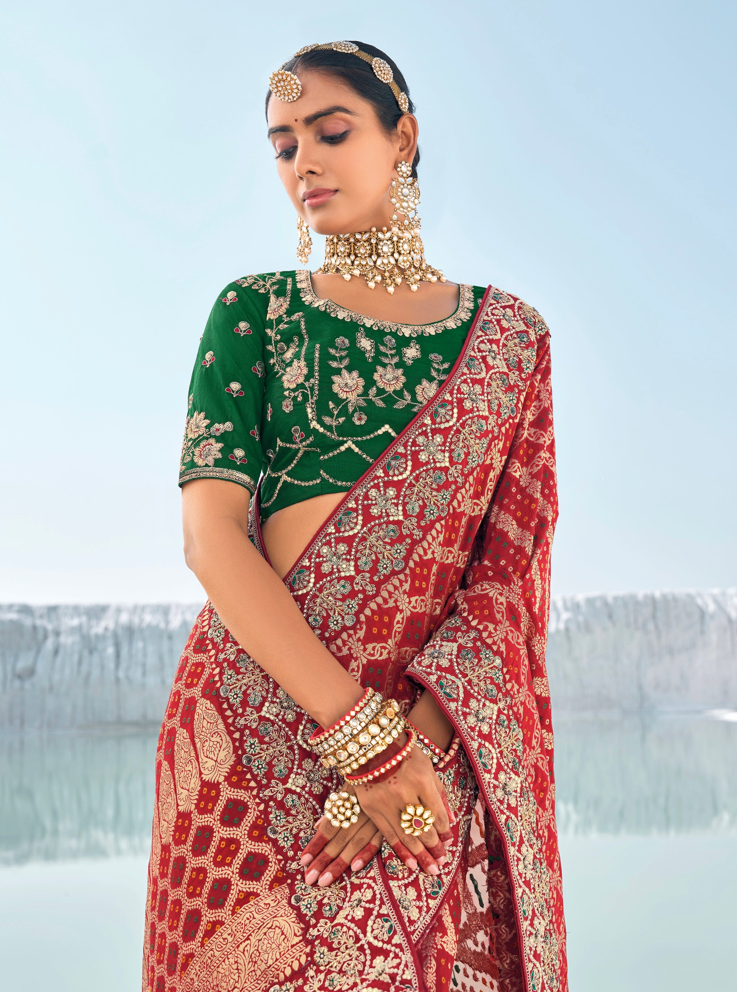 Maroon Bandhani Patola Saree with Zari Weaving &amp; Dual Blouses