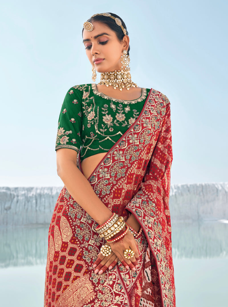 Maroon Bandhani Patola Saree with Zari Weaving & Dual Blouses