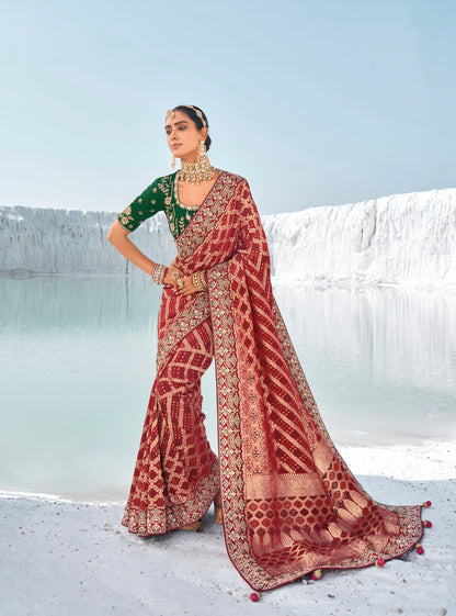 Maroon Bandhani Patola Saree with Zari Weaving &amp; Dual Blouses