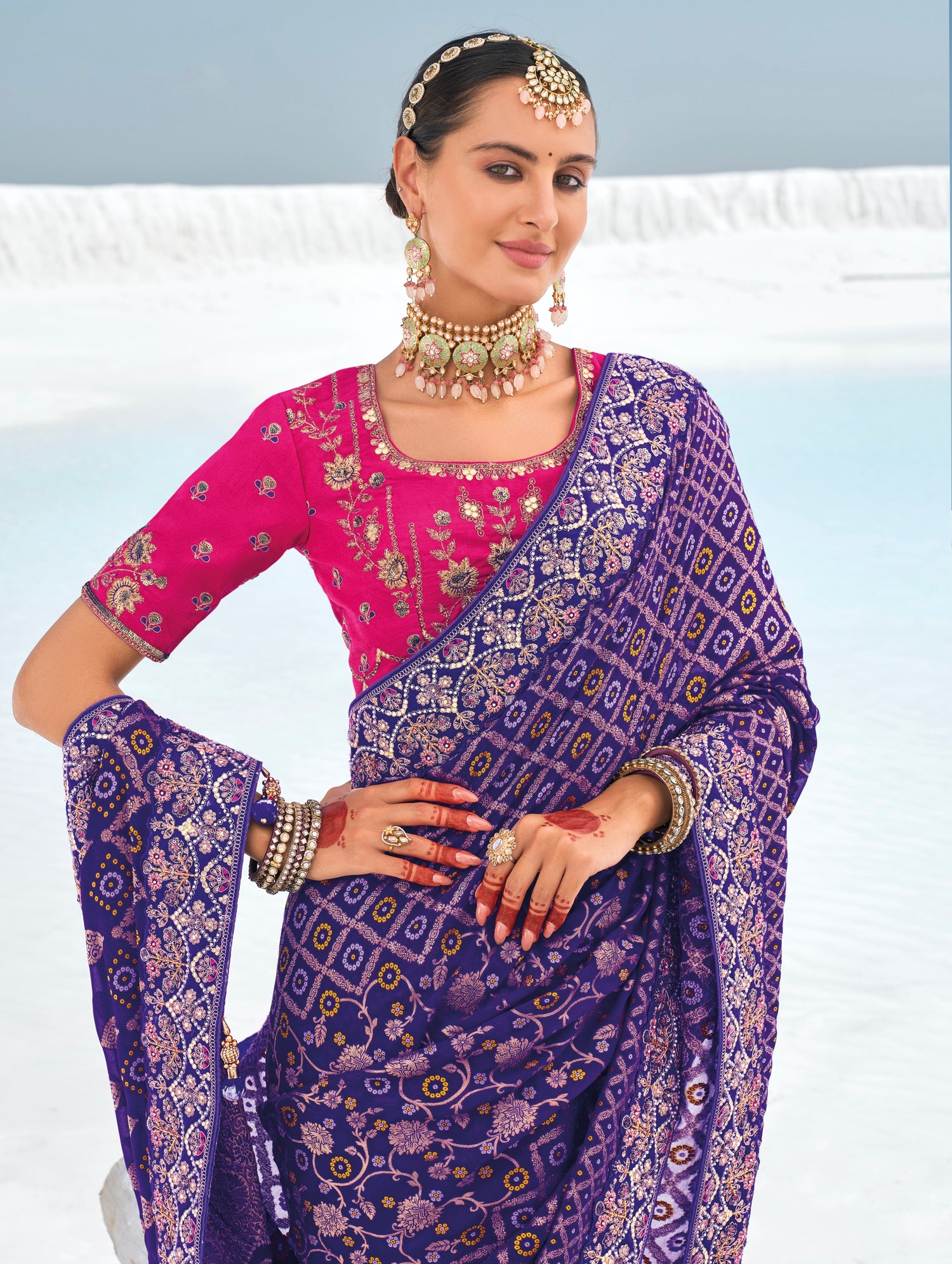 Purple Bandhani Patola Saree with Zari Borders &amp; Dual Blouses