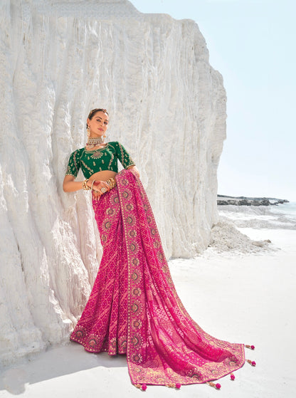 Pink Bandhani Saree with Zari Borders &amp; Dual Designer Blouses
