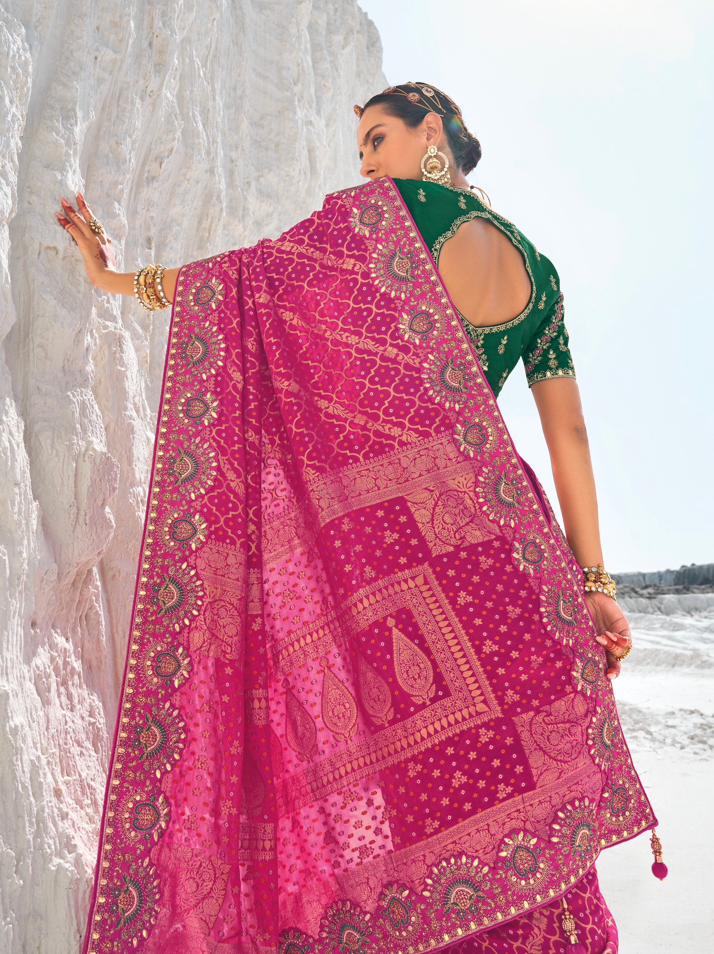 Pink Bandhani Saree with Zari Borders & Dual Designer Blouses