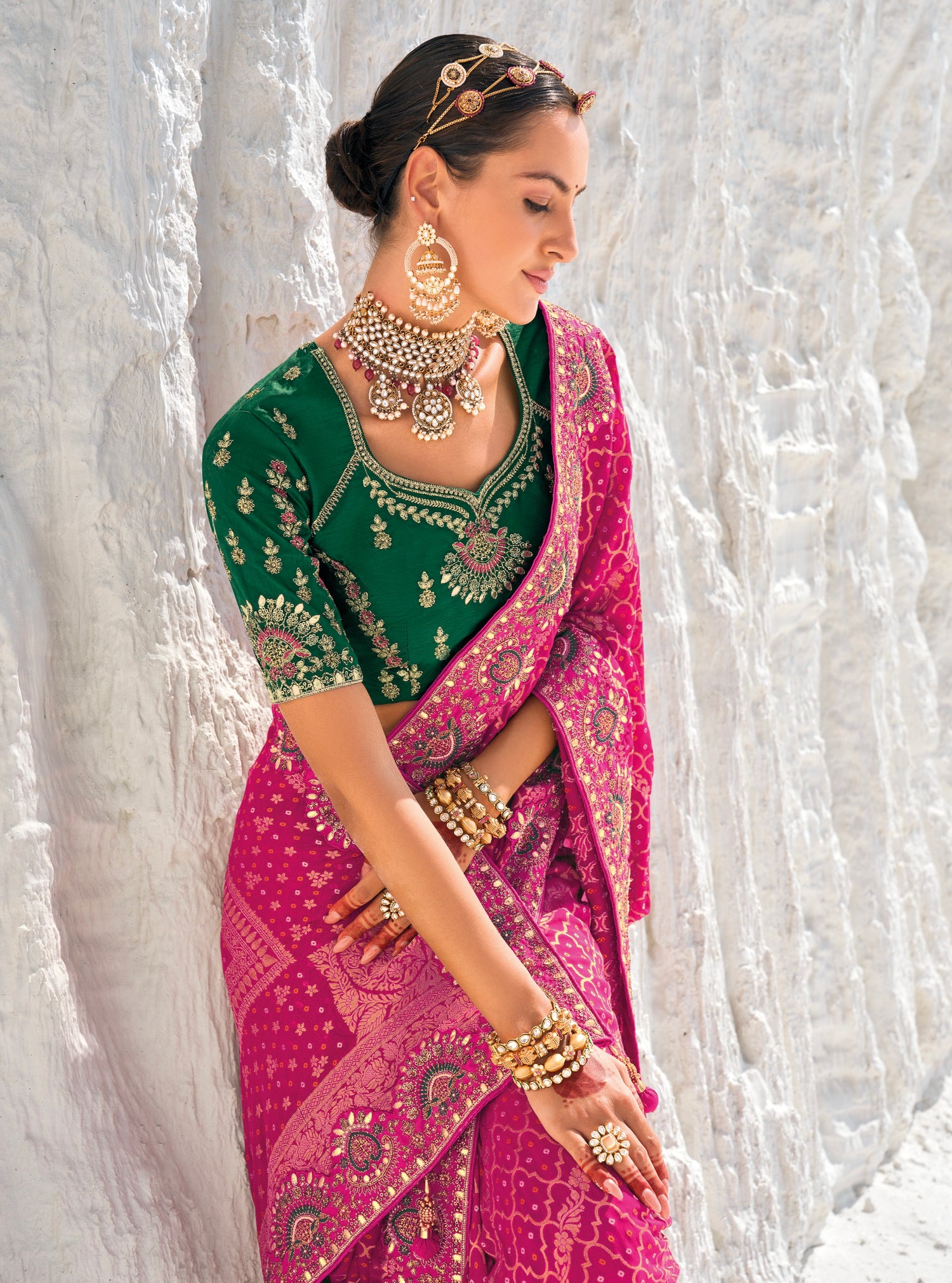 Pink Bandhani Saree with Zari Borders &amp; Dual Designer Blouses