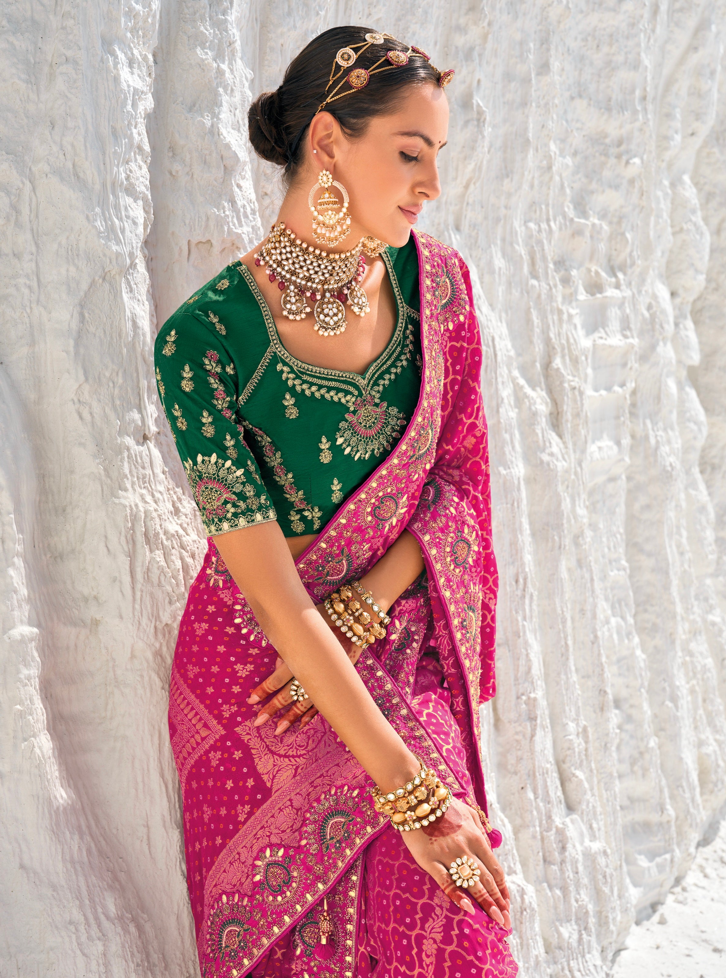 Pink Bandhani Saree with Zari Borders &amp; Dual Designer Blouses