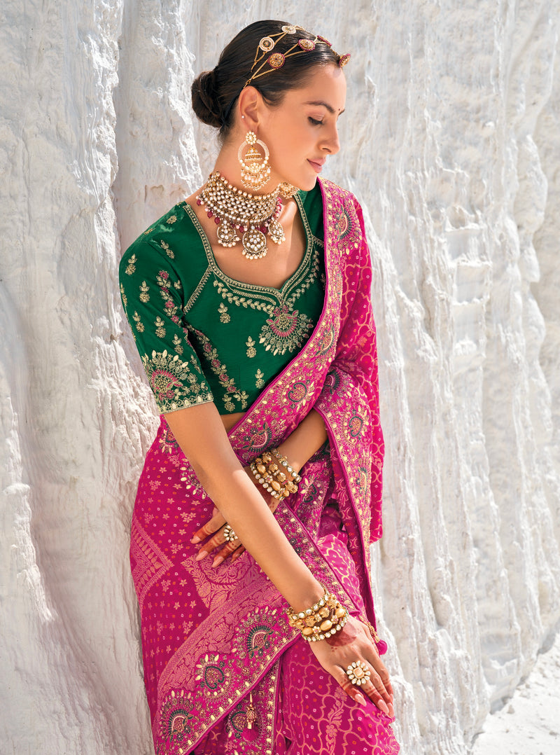 Pink Bandhani Saree with Zari Borders & Dual Designer Blouses