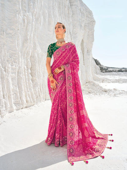 Pink Bandhani Saree with Zari Borders &amp; Dual Designer Blouses