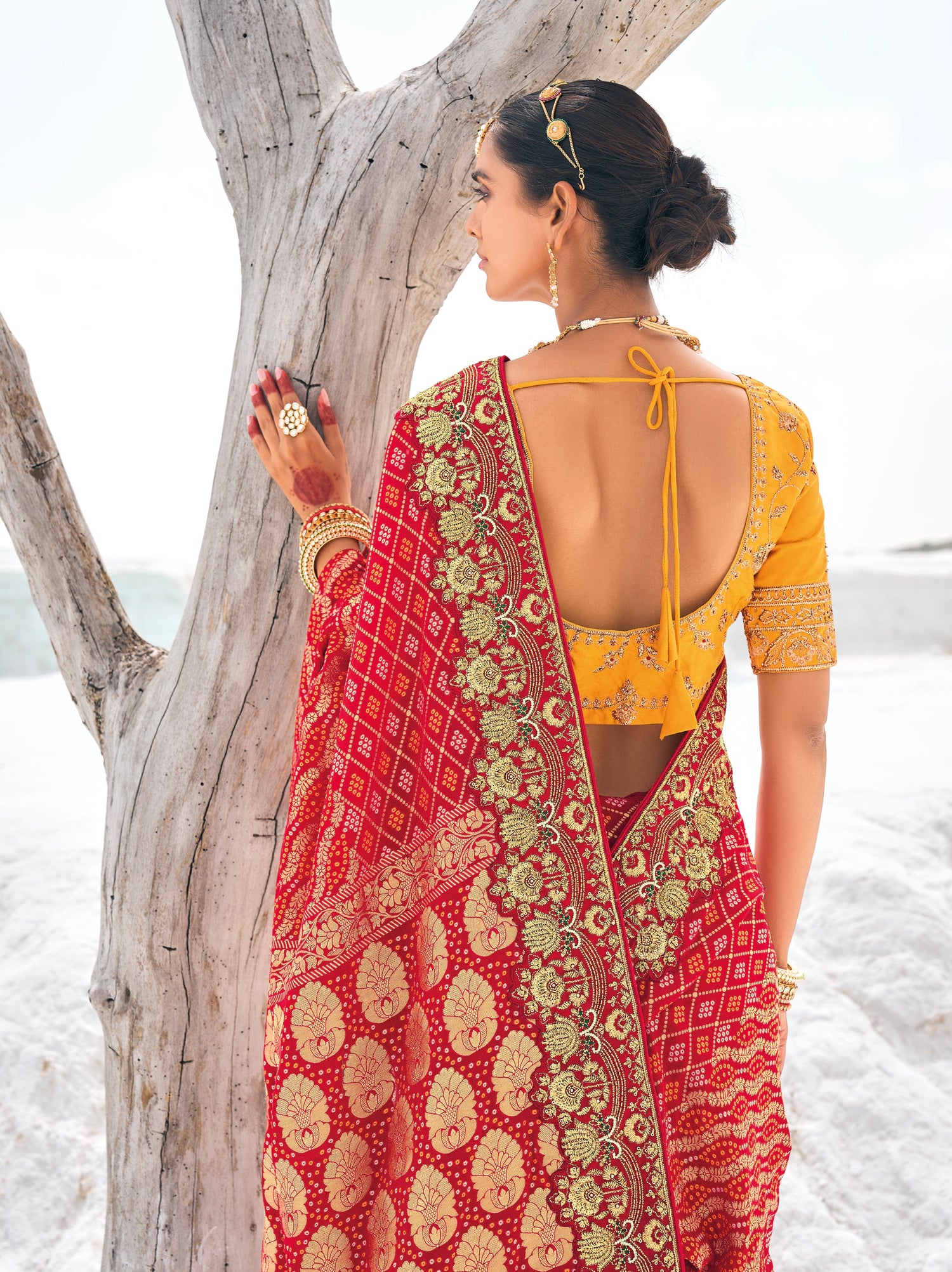 Red Bandhani Patola Saree with Zari Borders &amp; Dual Designer Blouses
