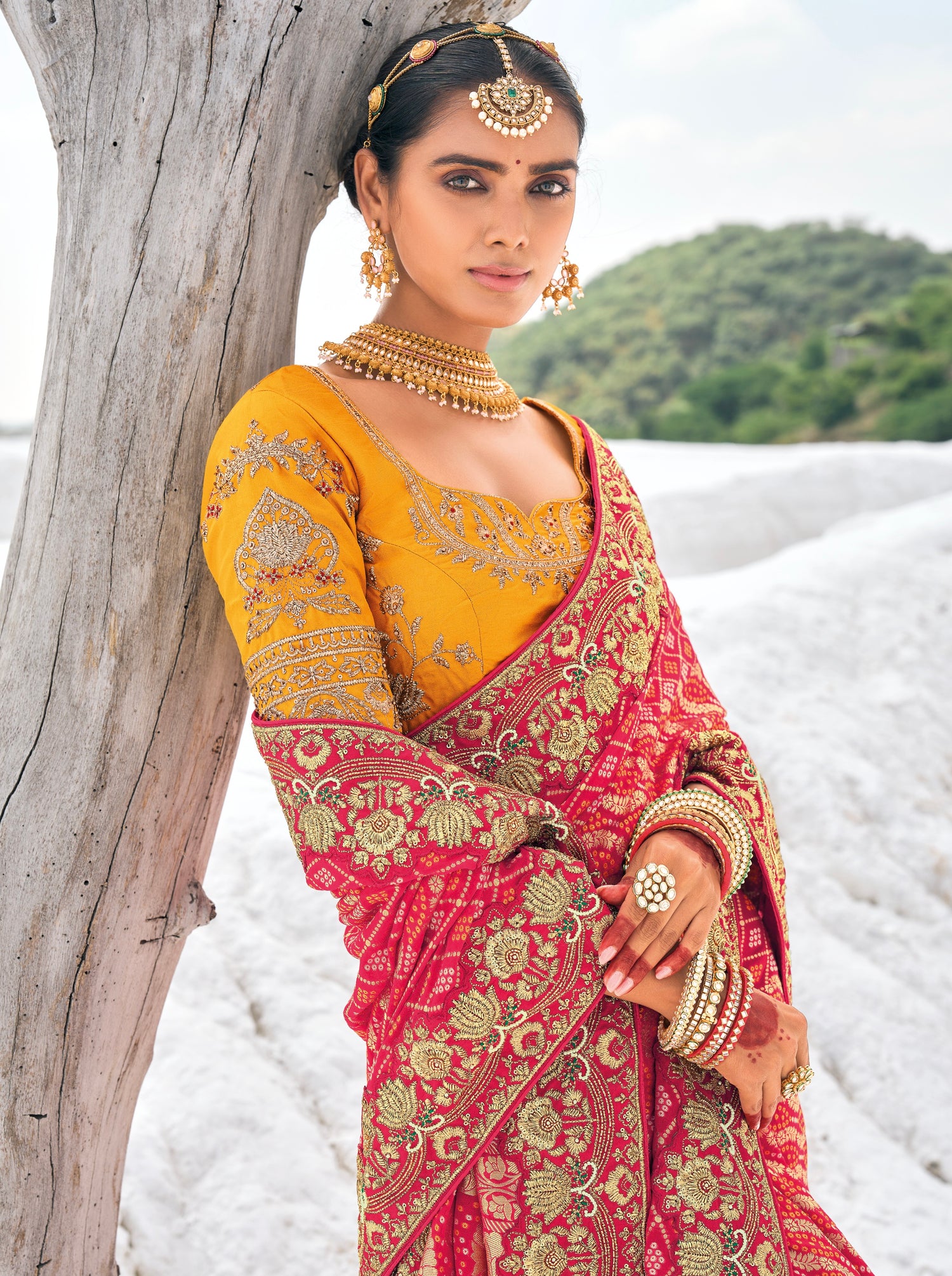 Red Bandhani Patola Saree with Zari Borders &amp; Dual Designer Blouses