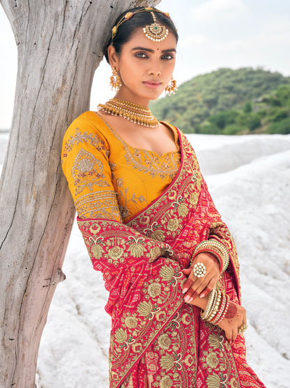 Red Bandhani Patola Saree with Zari Borders &amp; Dual Designer Blouses