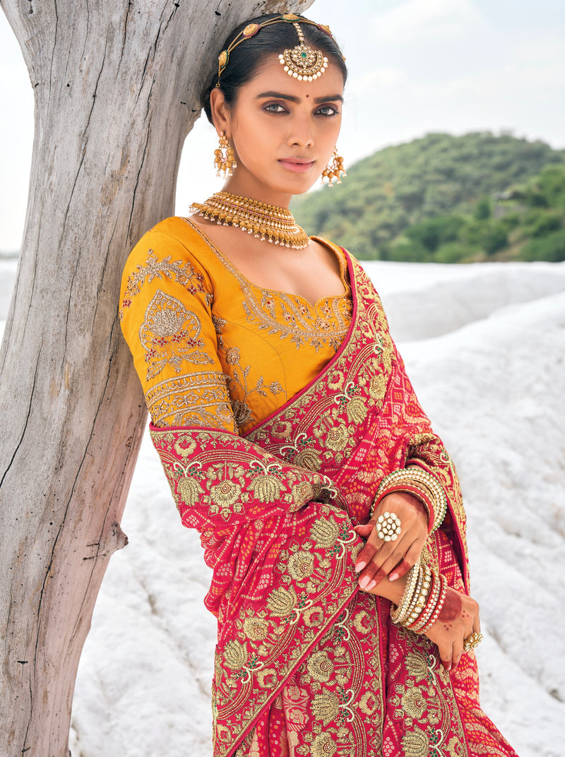 Red Bandhani Patola Saree with Zari Borders & Dual Designer Blouses