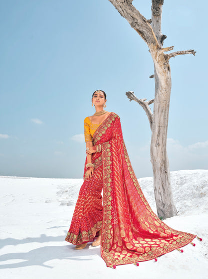 Red Bandhani Patola Saree with Zari Borders &amp; Dual Designer Blouses