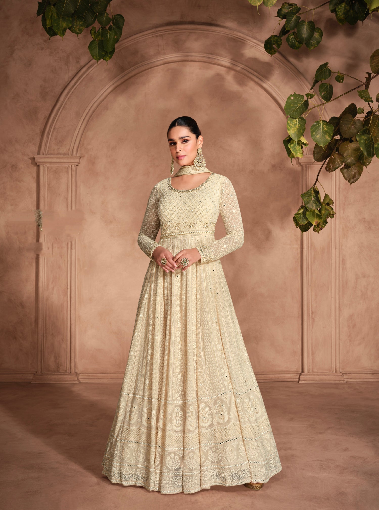 Off-White Georgette Anarkali Dress with Heavy Chikankari Embroidery Off-White Georgette Anarkali Dress with Heavy Chikankari Embroidery
