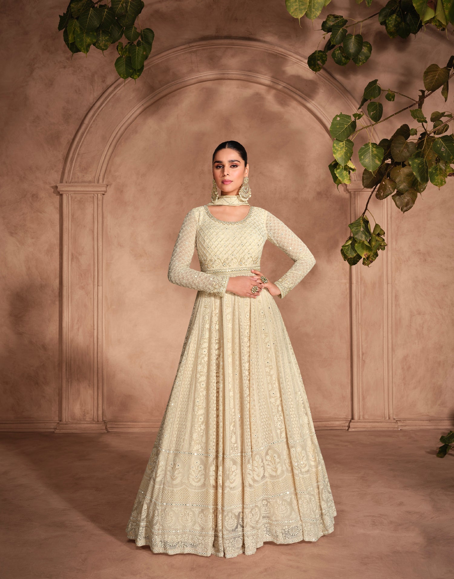 Off-White Georgette Anarkali Dress with Heavy Chikankari Embroidery Off-White Georgette Anarkali Dress with Heavy Chikankari Embroidery