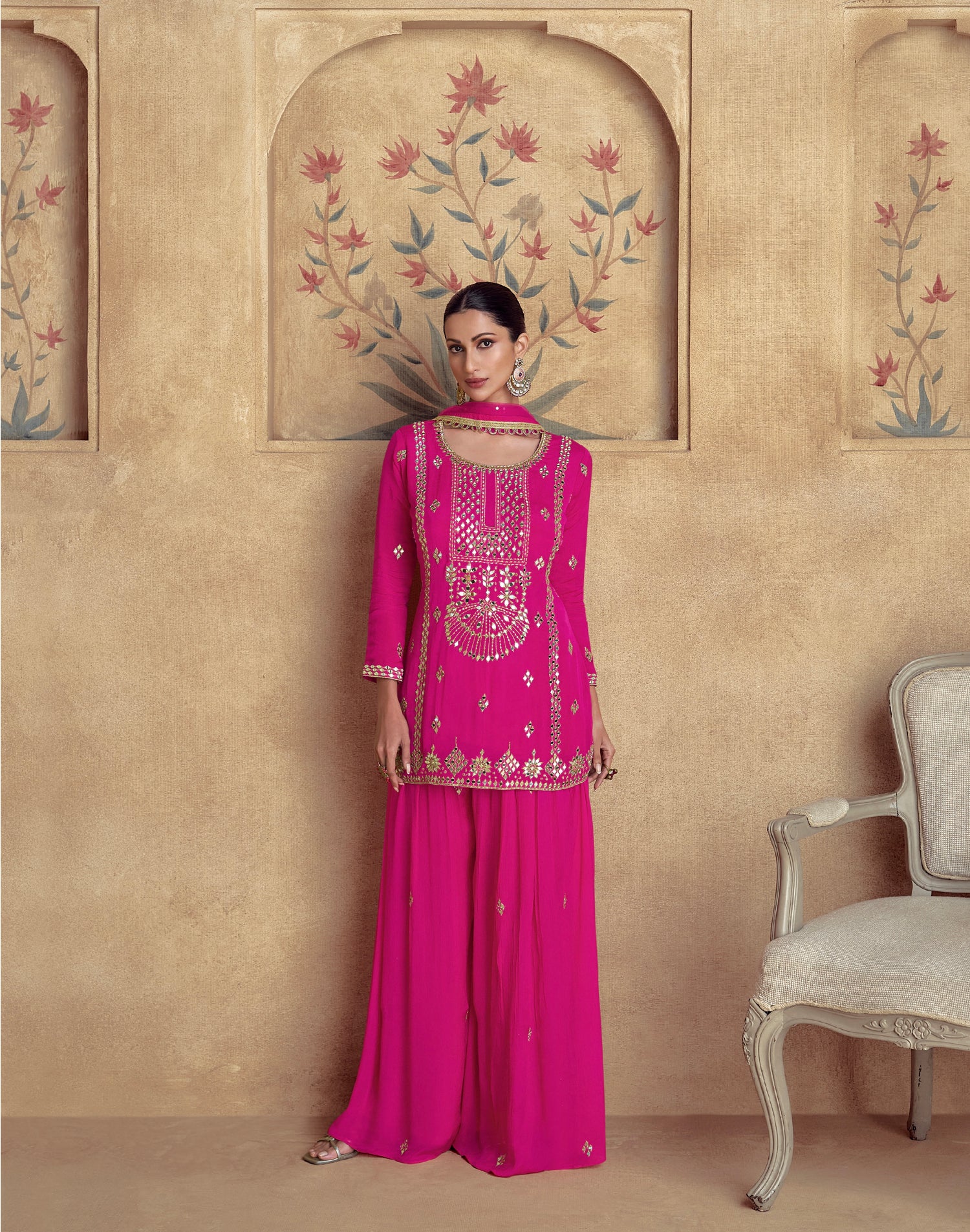 Pink Chinnon Silk Palazzo Suit with Net Dupatta &amp; Intricate Embroidery