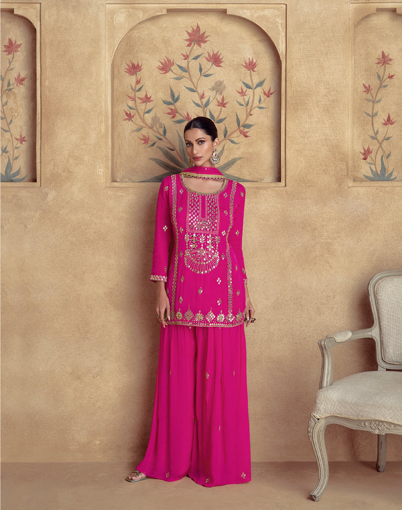 Pink Chinnon Silk Palazzo Suit with Net Dupatta & Intricate Embroidery