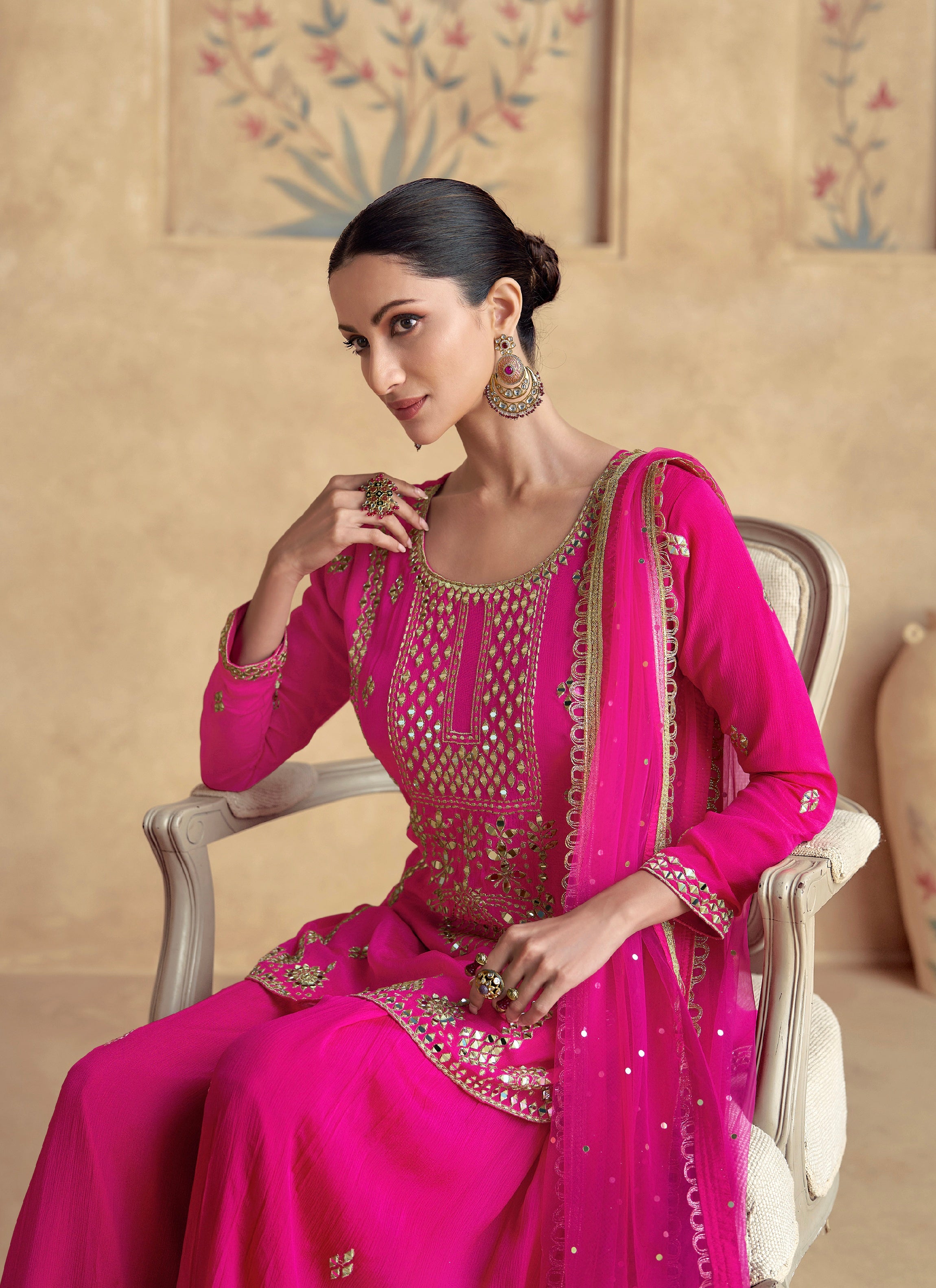 Pink Chinnon Silk Palazzo Suit with Net Dupatta &amp; Intricate Embroidery