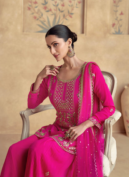 Pink Chinnon Silk Palazzo Suit with Net Dupatta &amp; Intricate Embroidery