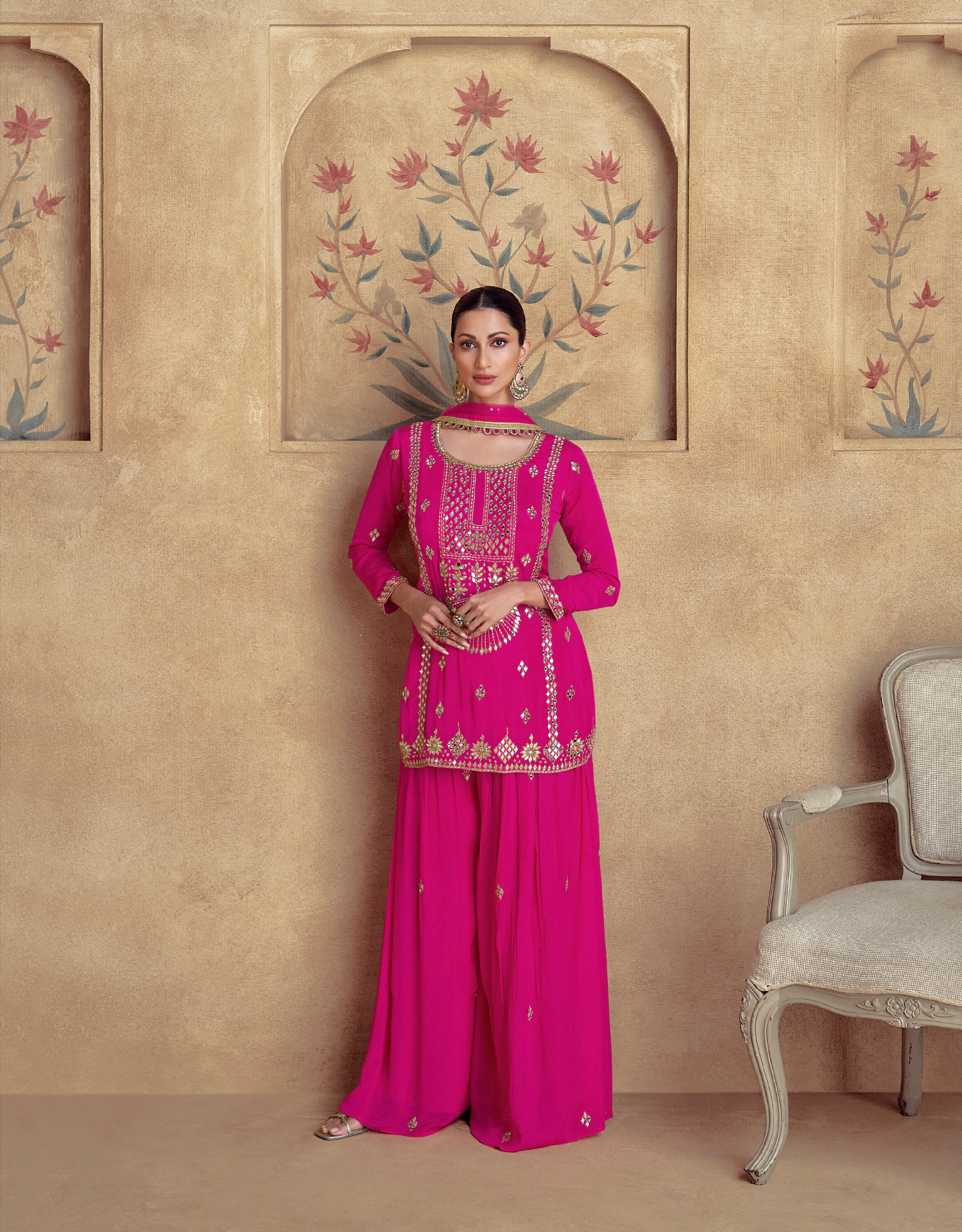 Pink Chinnon Silk Palazzo Suit with Net Dupatta &amp; Intricate Embroidery