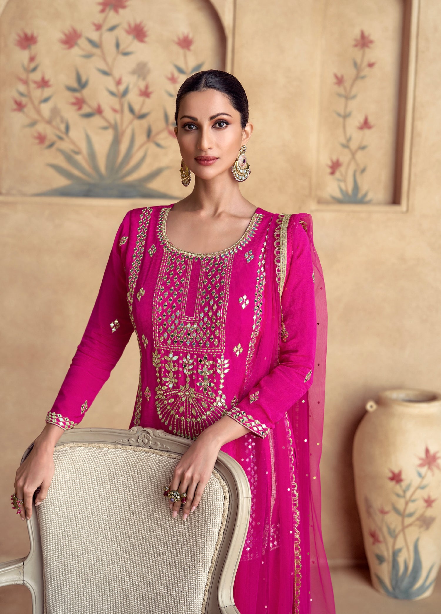 Pink Chinnon Silk Palazzo Suit with Net Dupatta &amp; Intricate Embroidery