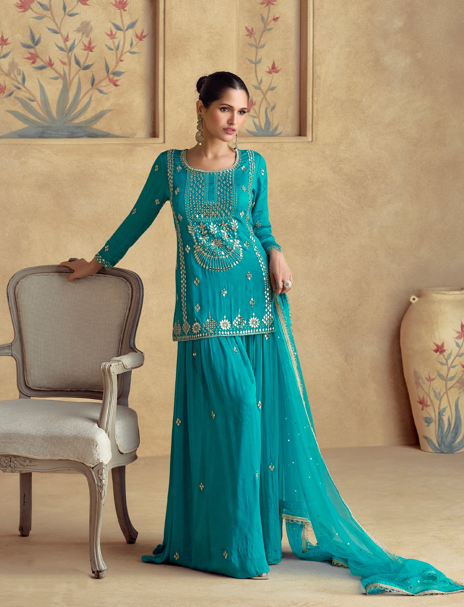 Chic Teal Chinnon Silk Palazzo Suit &amp; Premium Net Embroidered Dupatta
