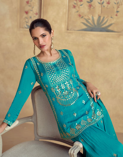 Chic Teal Chinnon Silk Palazzo Suit &amp; Premium Net Embroidered Dupatta