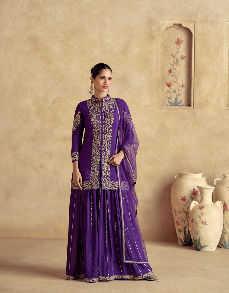 Purple Chinnon Silk Palazzo Suit with Premium Net Dupatta & Embroidery