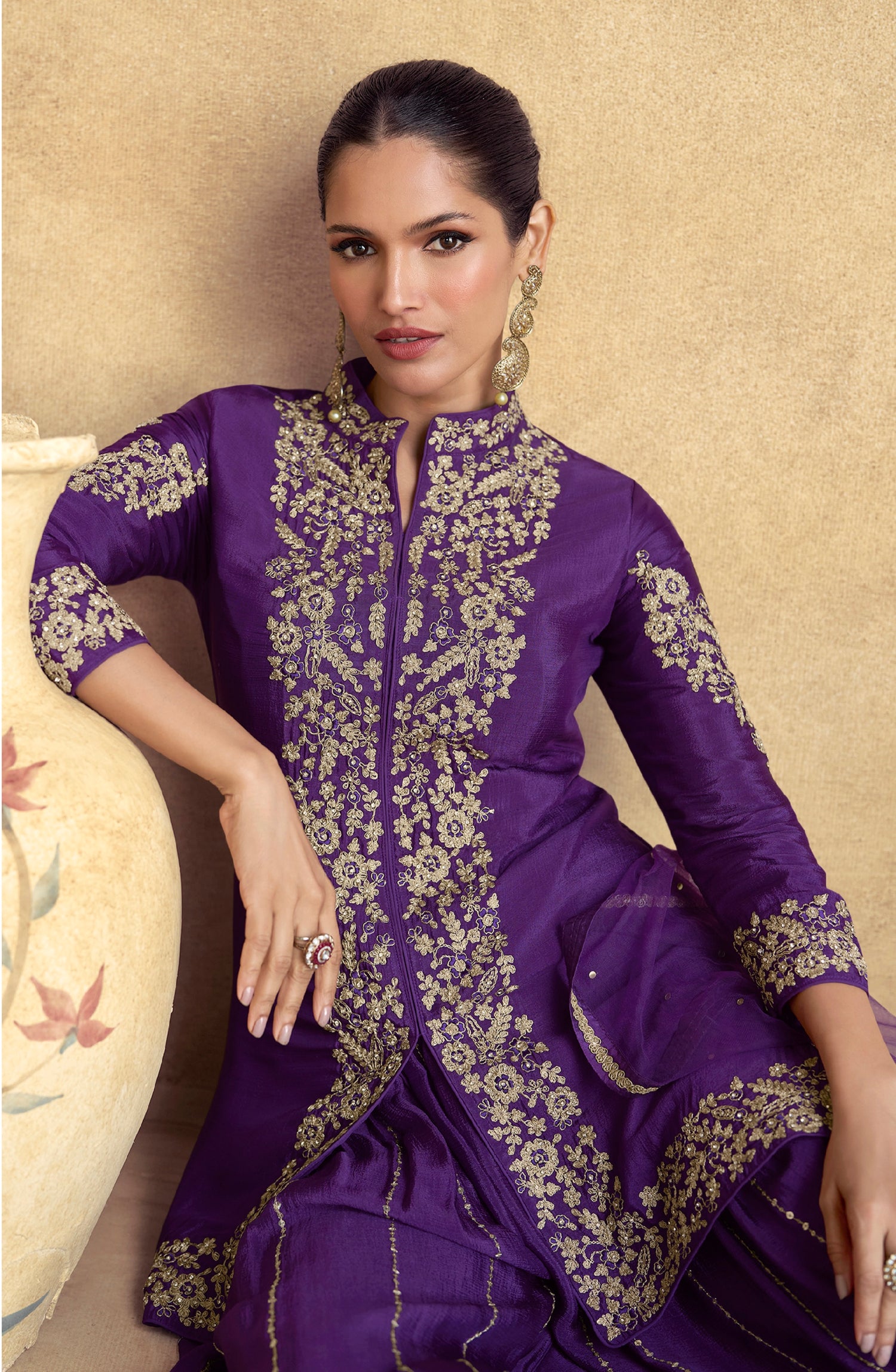Purple Chinnon Silk Palazzo Suit with Premium Net Dupatta &amp; Embroidery