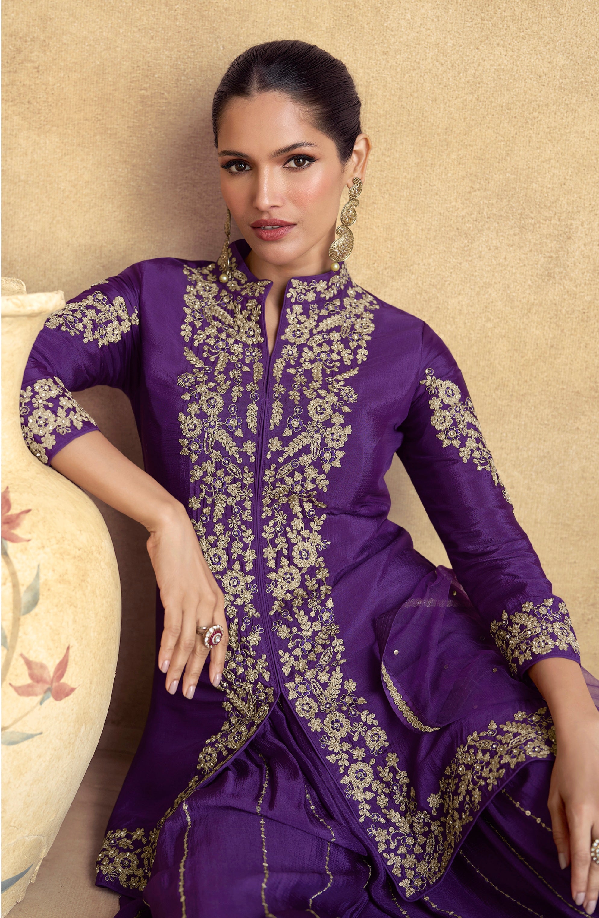 Purple Chinnon Silk Palazzo Suit with Premium Net Dupatta &amp; Embroidery