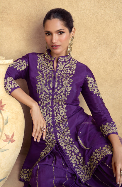 Purple Chinnon Silk Palazzo Suit with Premium Net Dupatta &amp; Embroidery