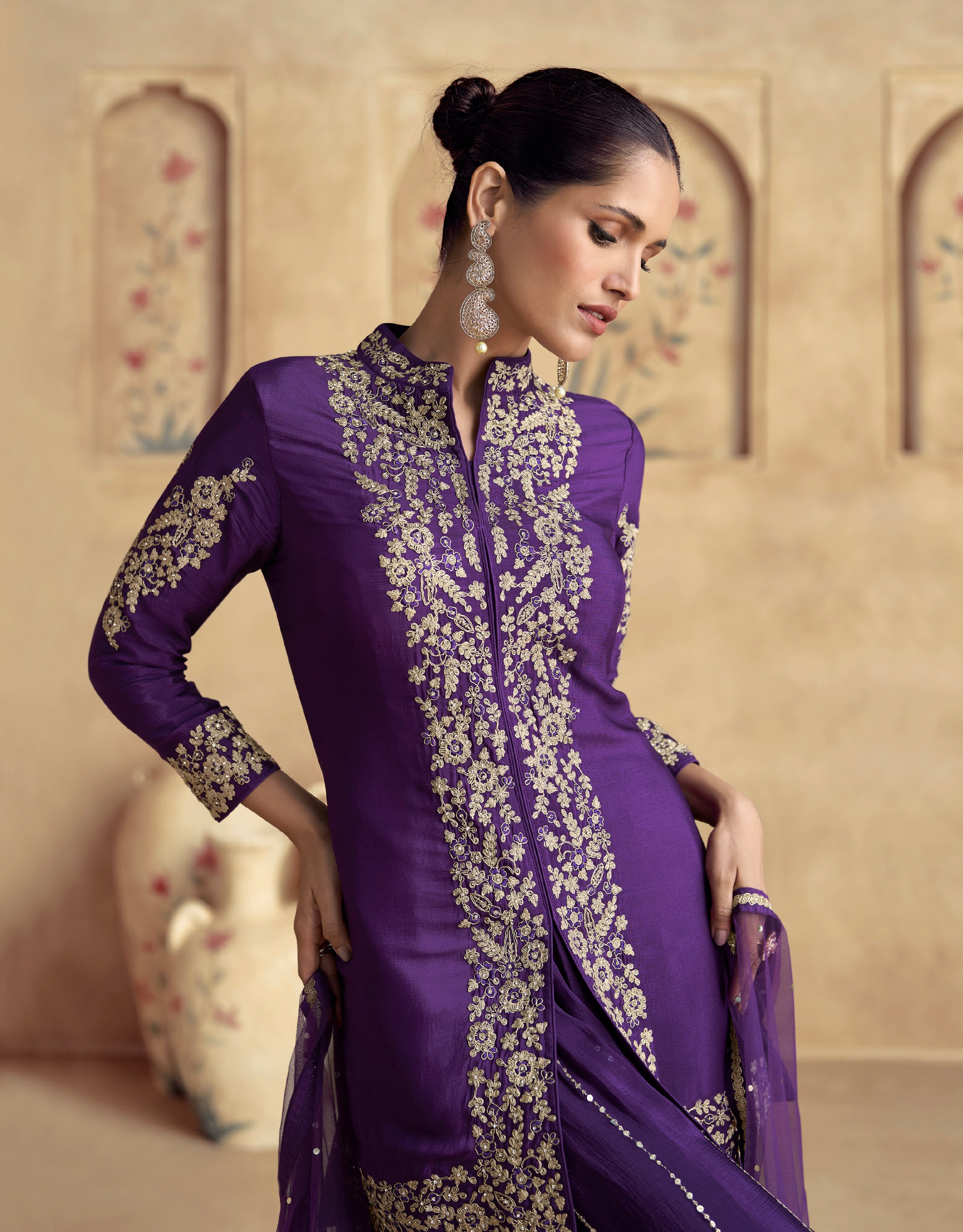 Purple Chinnon Silk Palazzo Suit with Premium Net Dupatta &amp; Embroidery