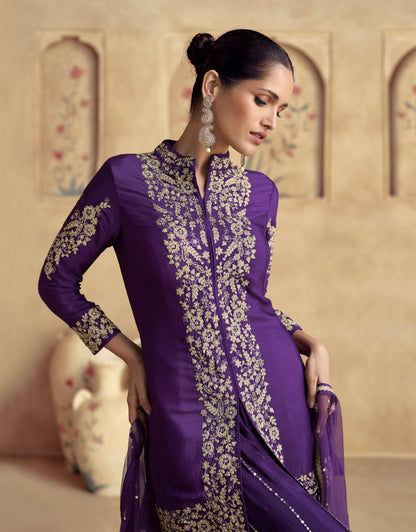 Purple Chinnon Silk Palazzo Suit with Premium Net Dupatta &amp; Embroidery