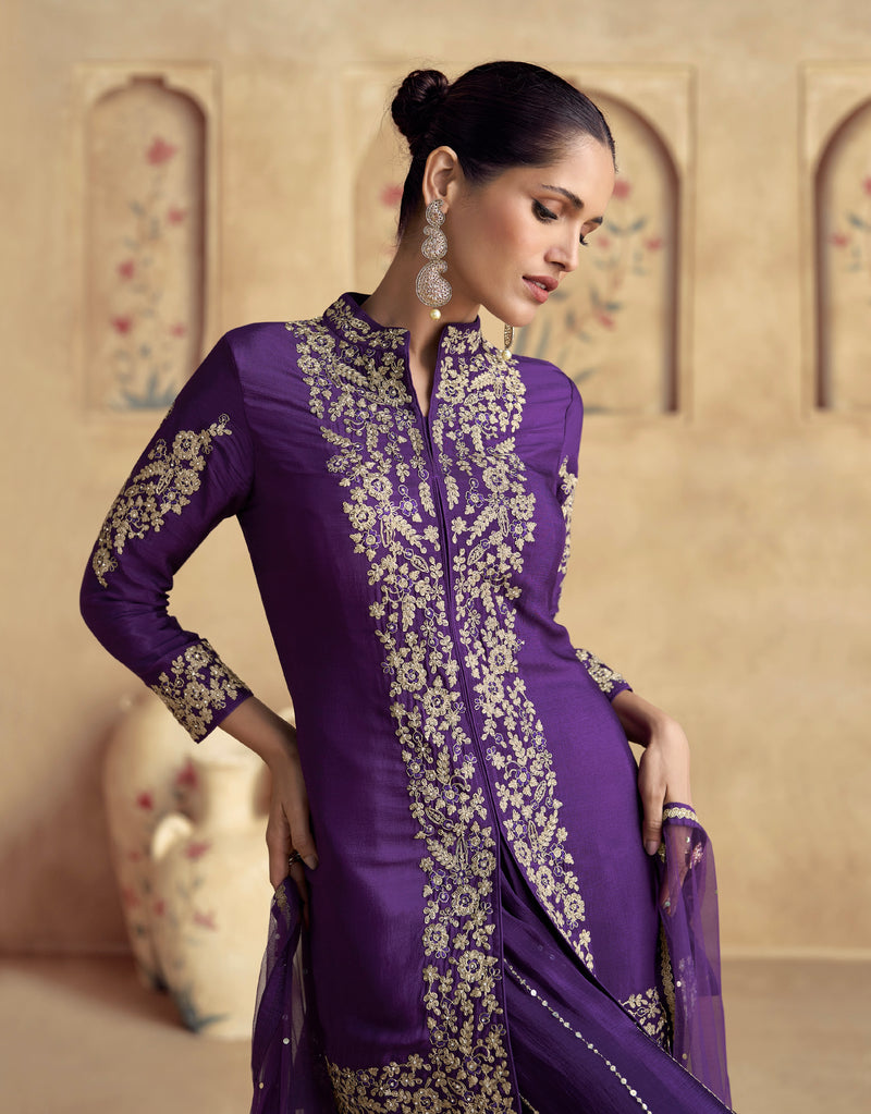 Purple Chinnon Silk Palazzo Suit with Premium Net Dupatta & Embroidery