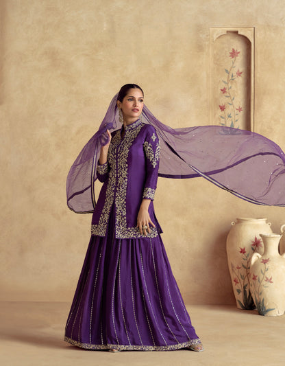 Purple Chinnon Silk Palazzo Suit with Premium Net Dupatta &amp; Embroidery