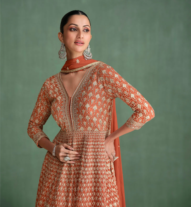Brown Georgette Anarkali Suit with Swarovski Diamond Embroidery