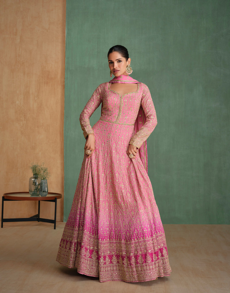 Pink Anarkali Suit with Swarovski Diamond Embroidery and Rich Dupatta