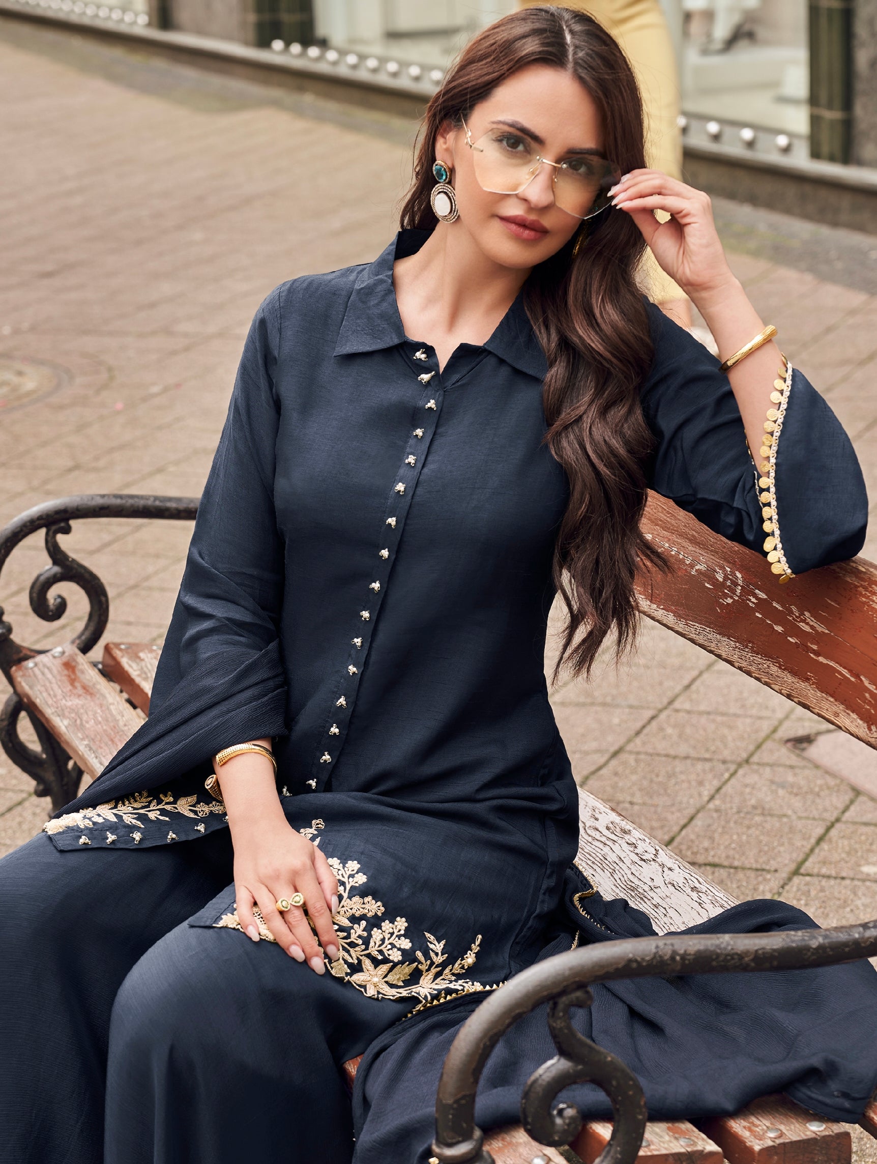 Navy Blue Embroidered Silk Sharara Suit