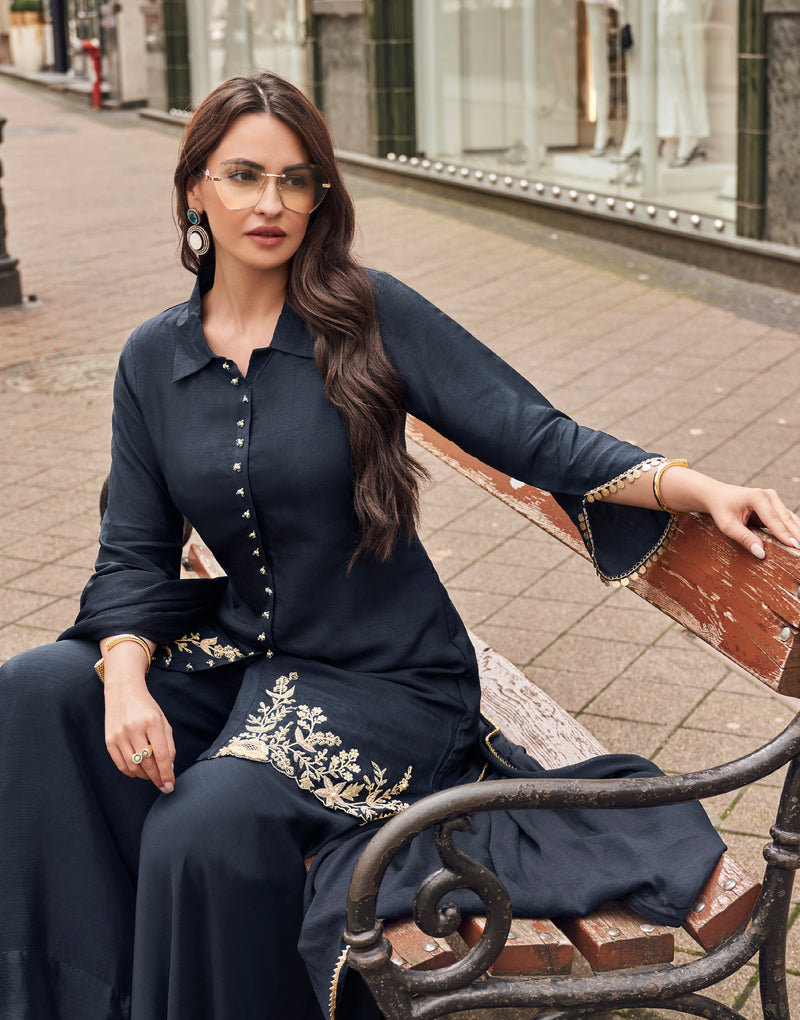 Navy Blue Embroidered Silk Sharara Suit