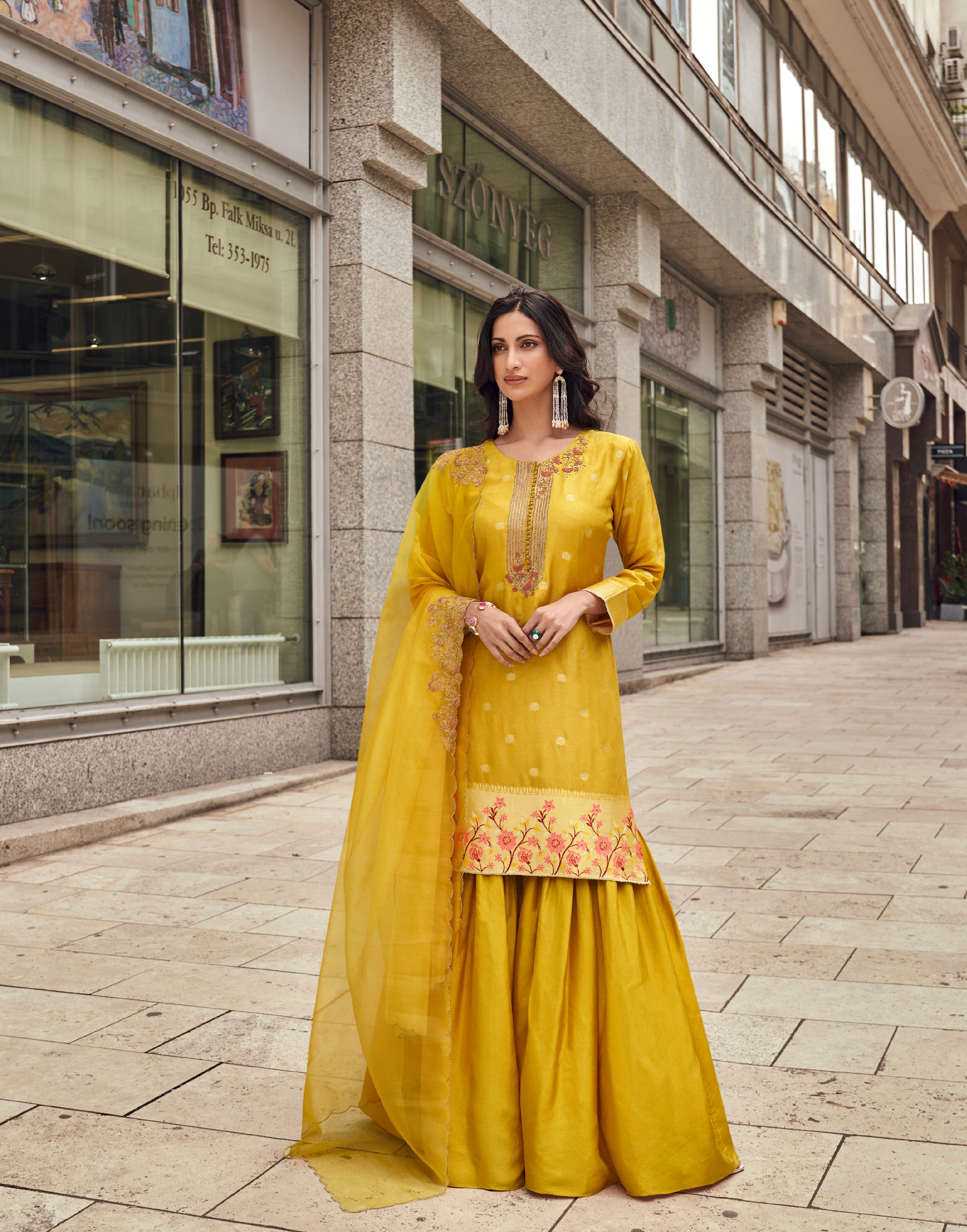 Yellow Floral Embroidered Sharara Suit