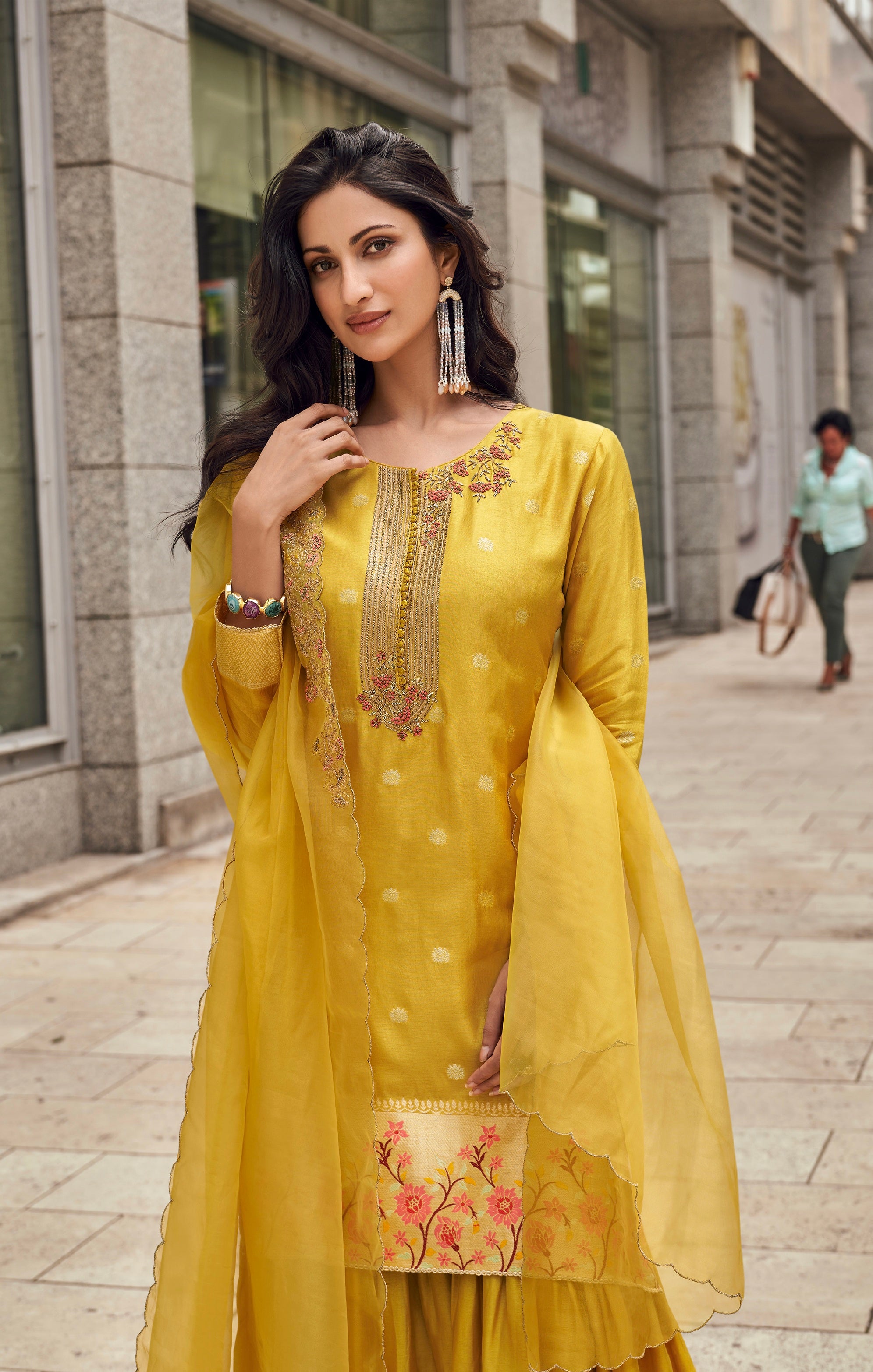Yellow Floral Embroidered Sharara Suit