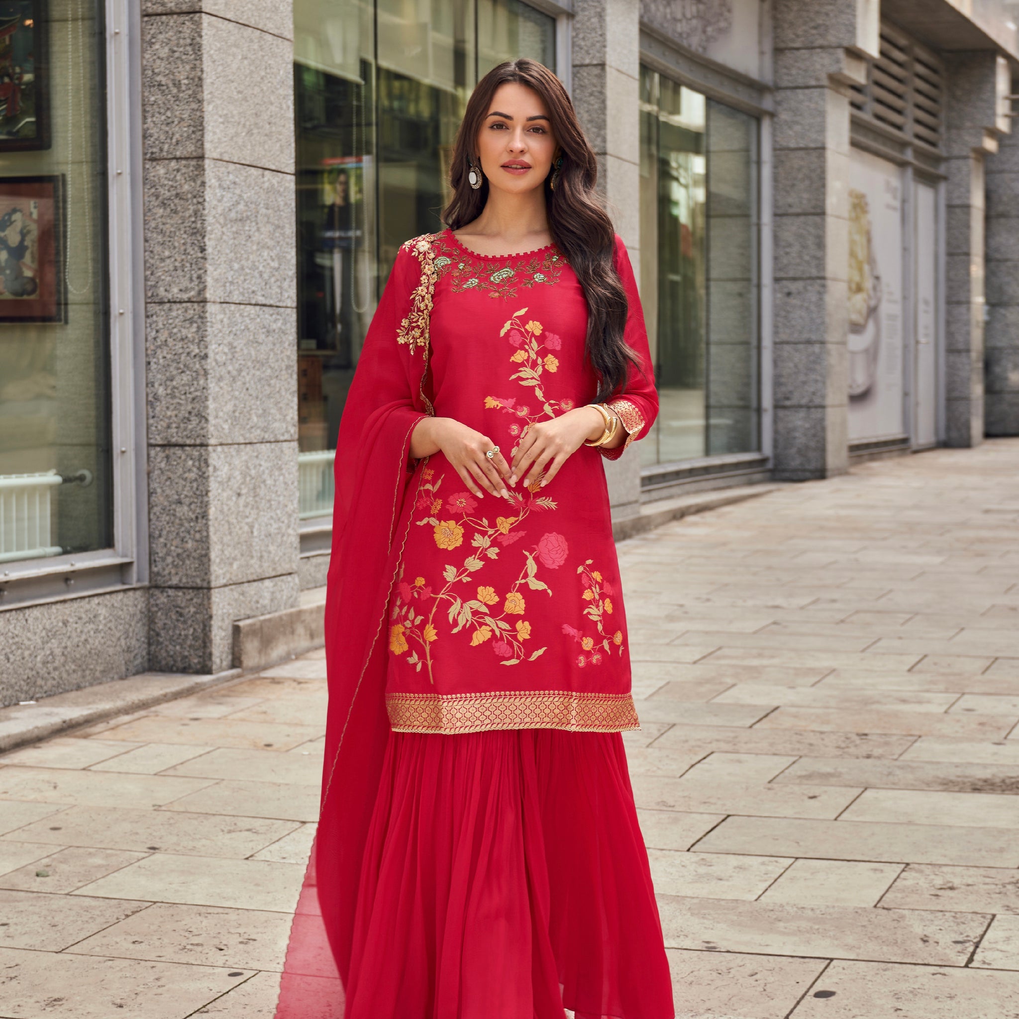 Red Designer Embellished Silk Sharara Suit