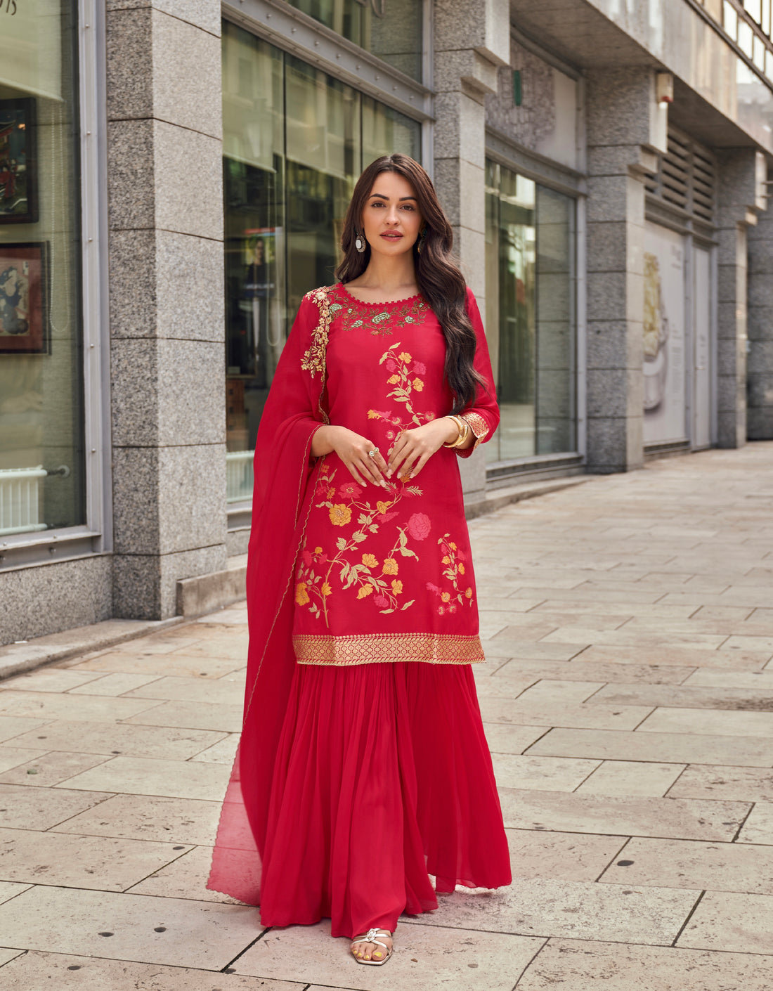 Red Designer Embellished Silk Sharara Suit