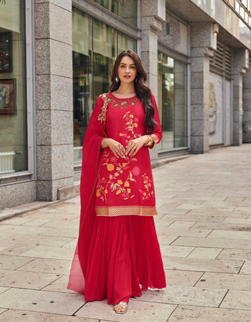 Red Designer Embellished Silk Sharara Suit