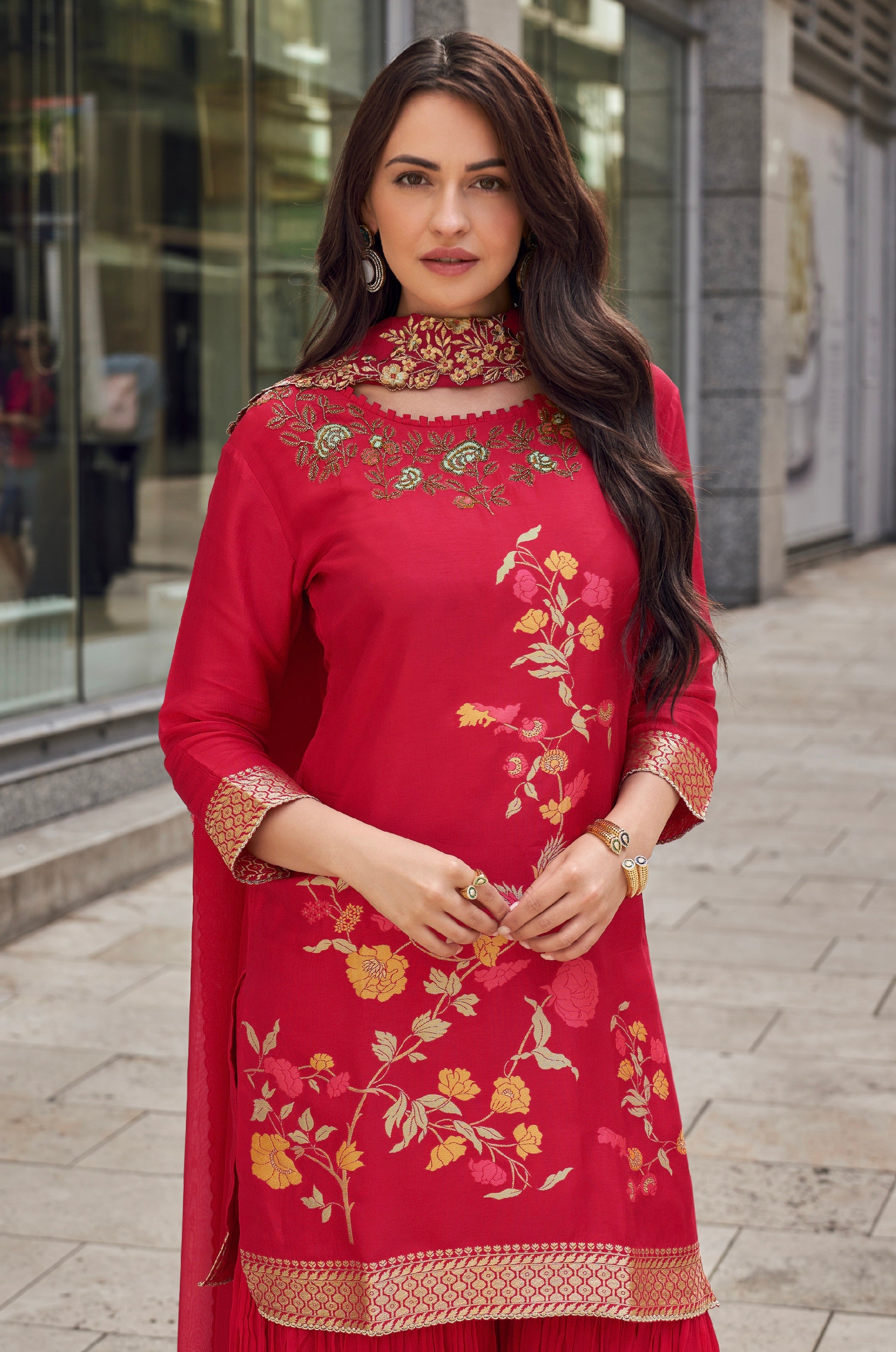 Red Designer Embellished Silk Sharara Suit