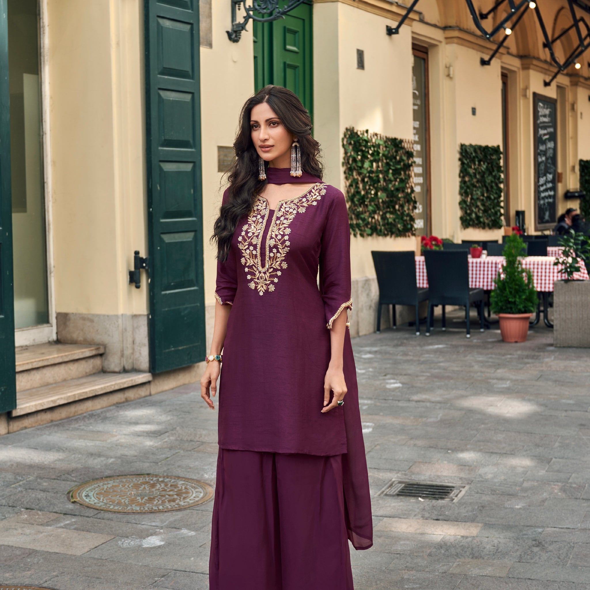 Plum Purple Embellished Silk Sharara Suit