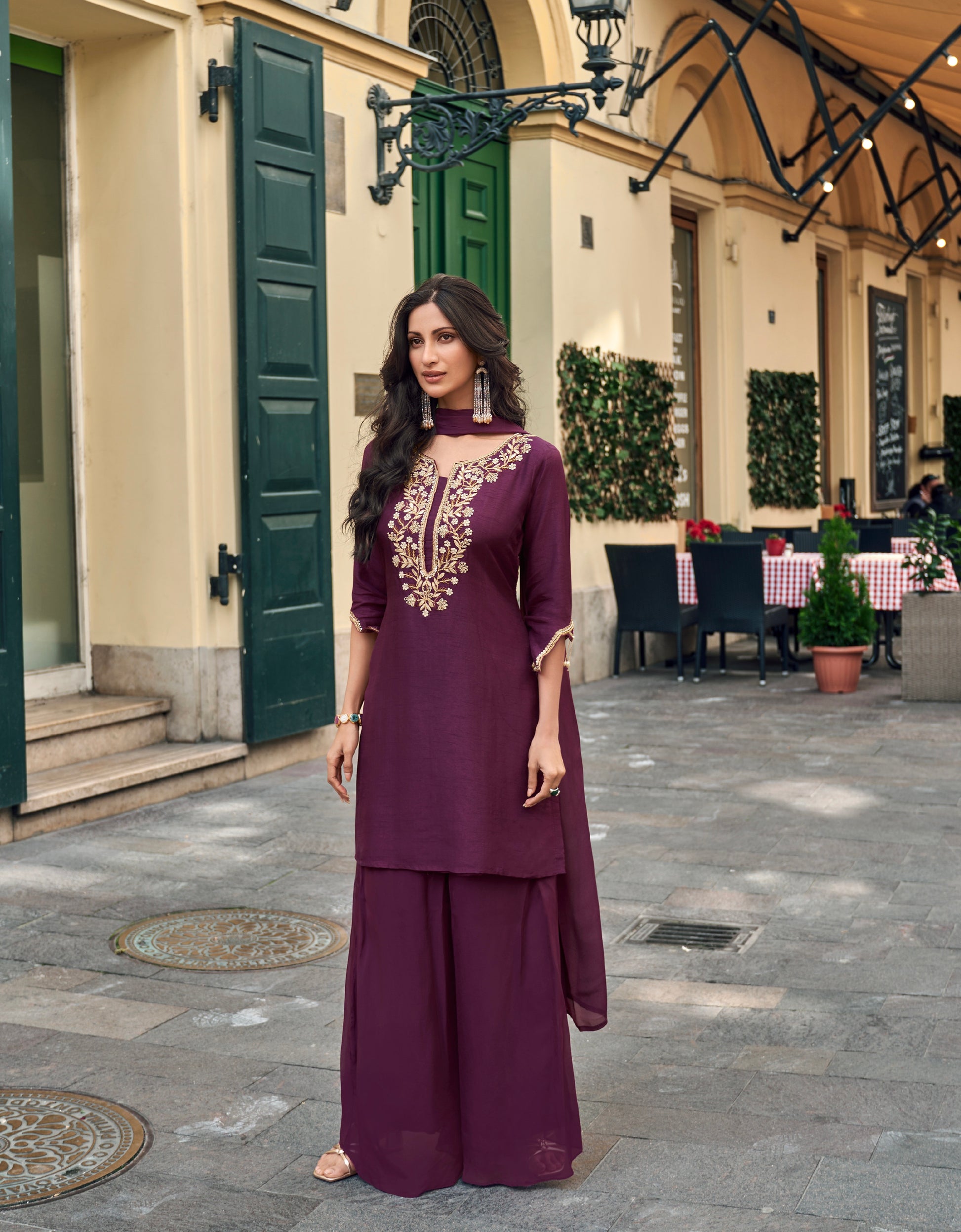 Plum Purple Embellished Silk Sharara Suit