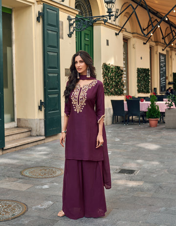 Plum Purple Embellished Silk Sharara Suit