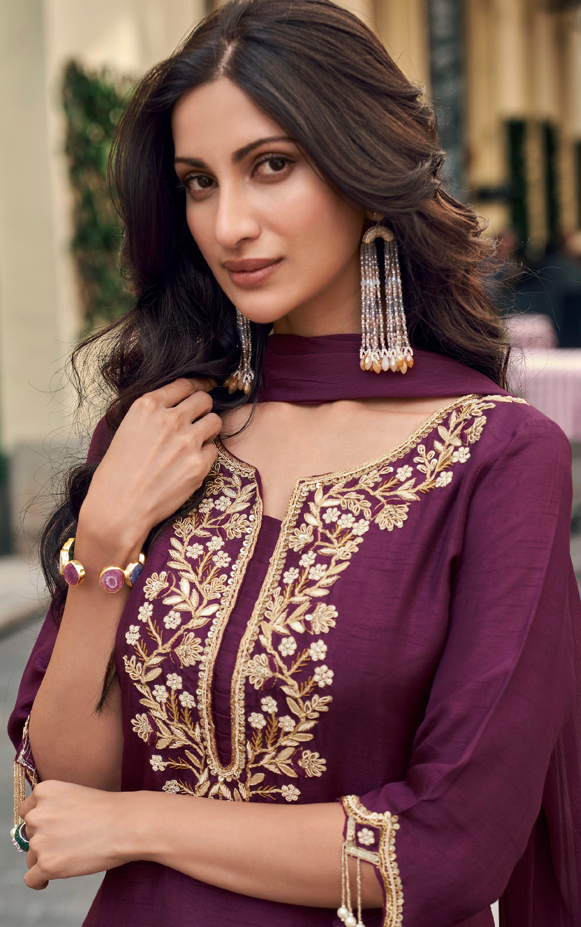 Plum Purple Embellished Silk Sharara Suit