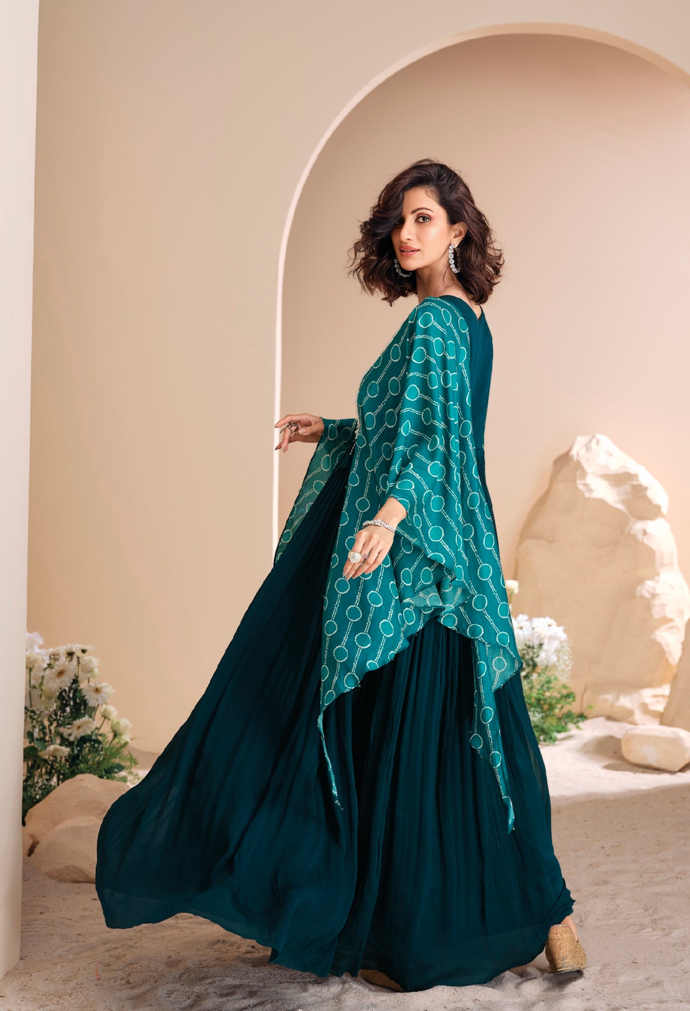 Teal Green Chinon Silk Gown with Hand Moti Embroidery